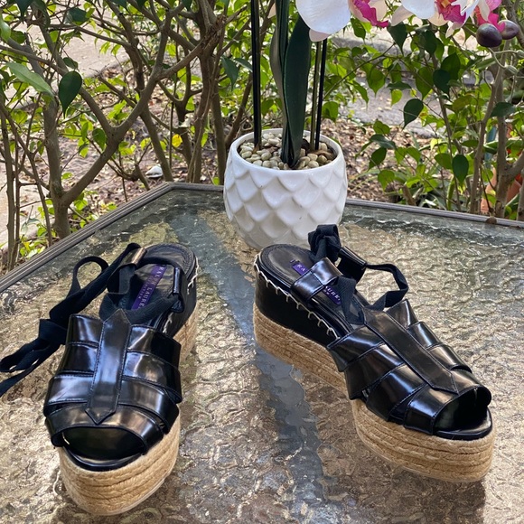 Ralph Lauren Purple Label Black Wrap Around Strap Platform Espadrilles Sandals - Picture 16 of 16